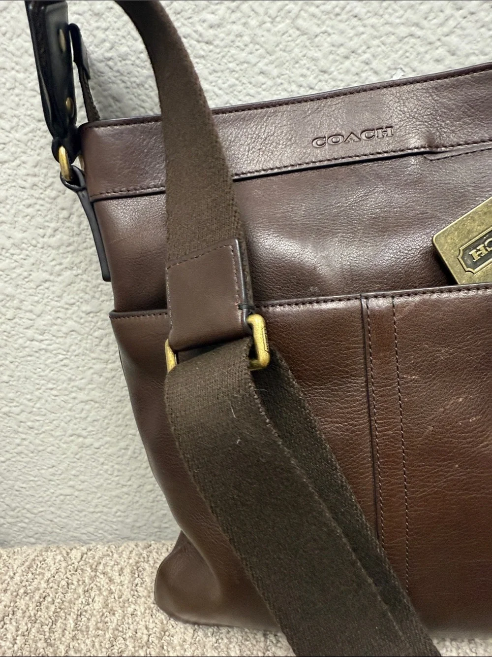 Coach Dark Brown Leather Messenger Bag with Brass Tags